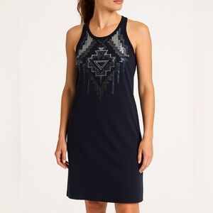 Express T-shirt Dress New Year’s Eve Racer Back Sequin Embellished Aztec Blue S